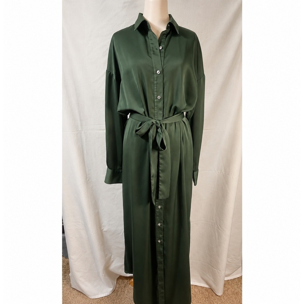 Banana Republic Hunter Green Satin Shirt Midi Dress Tie Waist Old Money Size L